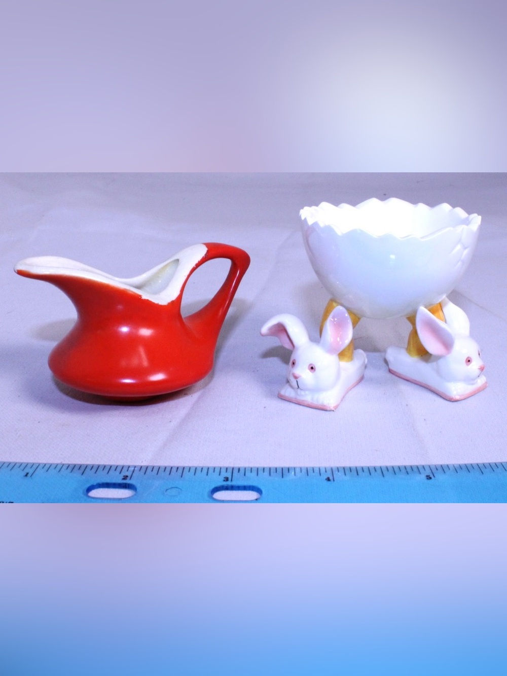 2 Vintage Tablewares - Whimsical Bunny Slipper Egg Cup + Ceramic Creamer Pitcher